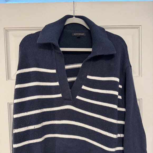 Banana Republic Factory Sweaters - Banana Republic Factory Navy Striped Polo Cotton Blend Sweater.  Size XL